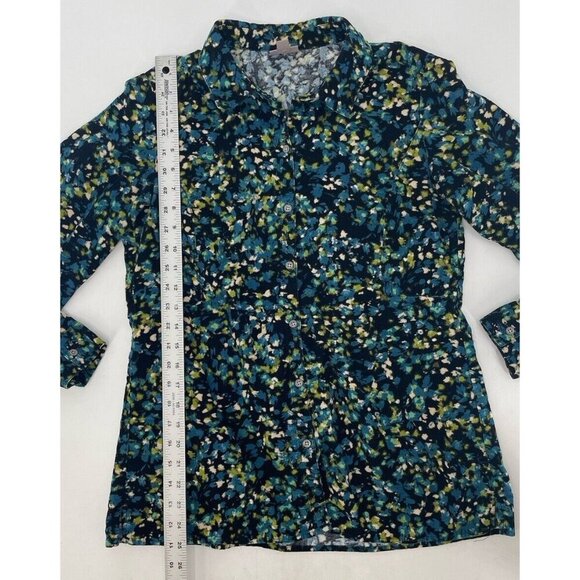 J.Jill Teal & Navy Floral Printed Corduroy Button-Up Long Sleeve Top Shirt Sz SP - Picture 10 of 11